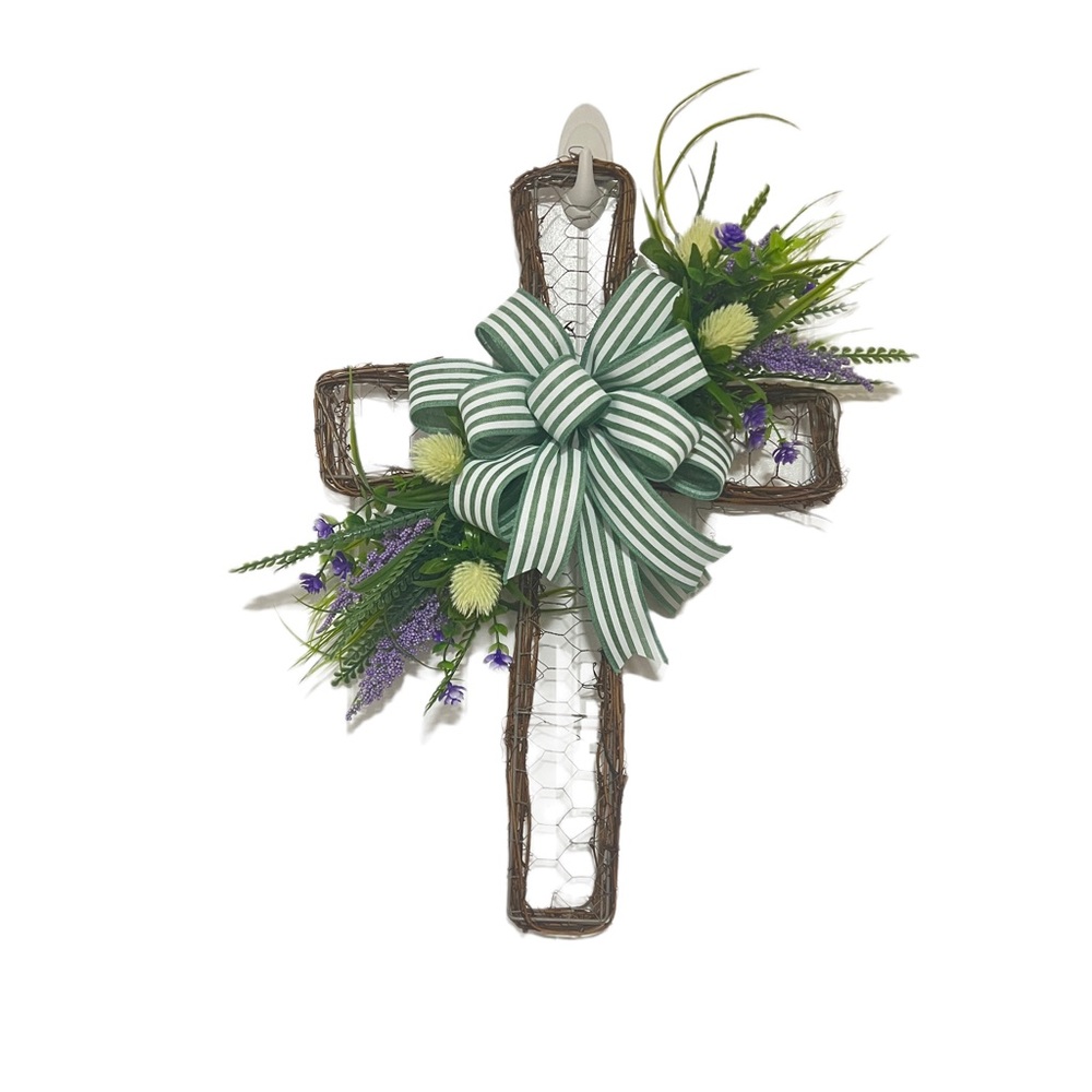Handmade Grapevine Wire Cross Wreath with Purple Flowers,Easter, Christian